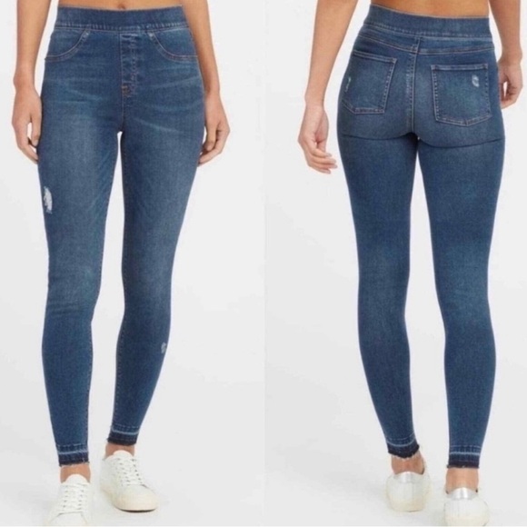 NWT Spanx Distressed Denim Leggings Size Medium In Medium Wash - Picture 1 of 9